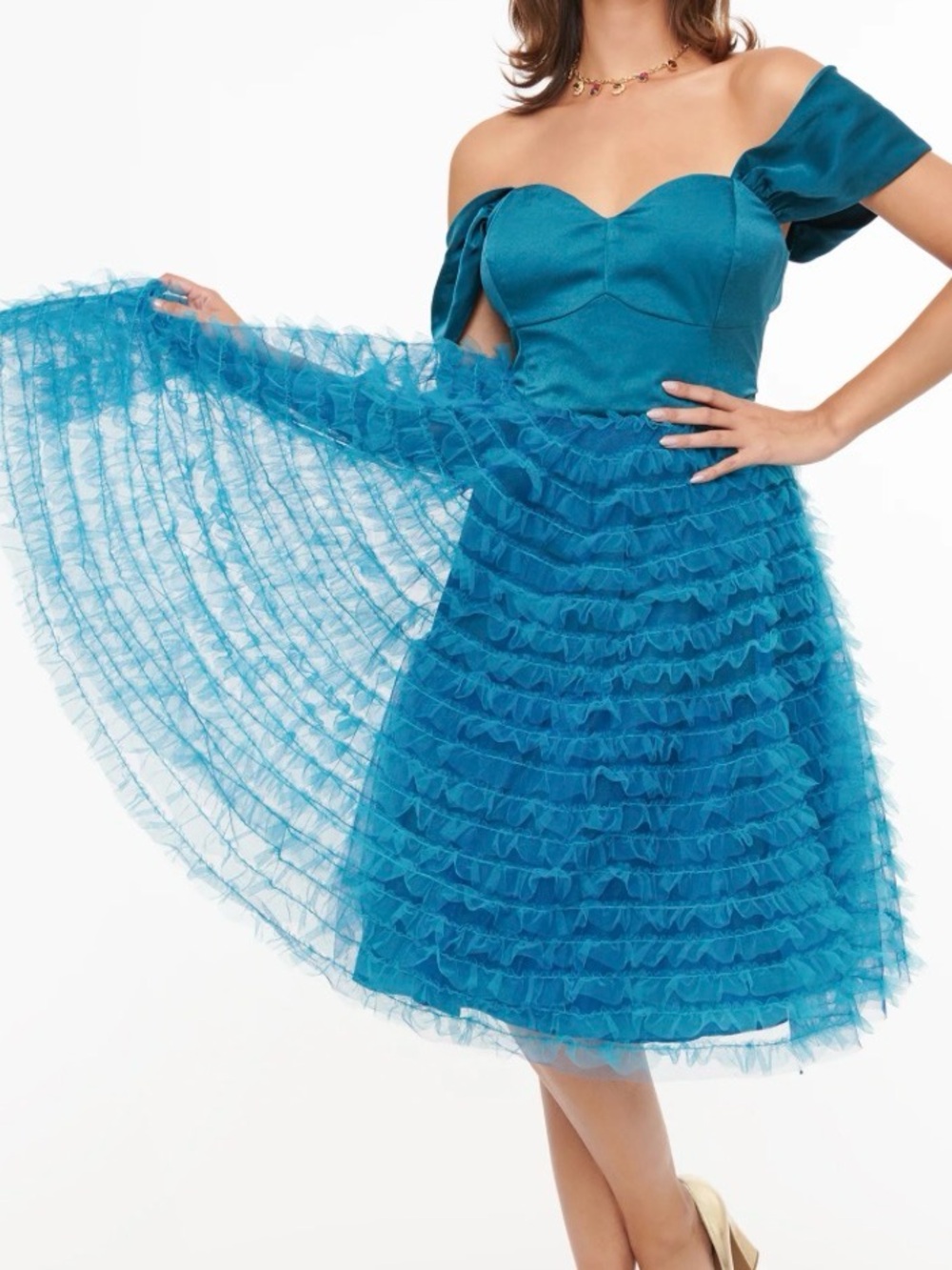 NWT Unique Vintage 1950s Teal Mesh Tulle Off The Shoulder Swing Dress 1X 16 - Picture 3 of 8